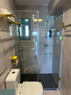 a bathroom with a shower and a toilet at GARNET Beach Apartment in Voroklini