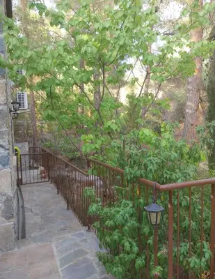 a wrought iron fence with a tree and a walkway at Platres Mountain Cottage in Platres