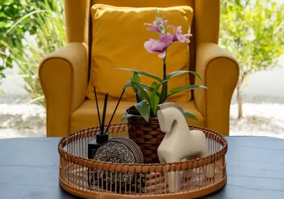 a basket on a table with a plant and a chair at Levanda Dreams 8 in Paralimni