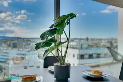 a potted plant sitting on a table in front of a window at The lighthouse 1 bedroom 604 in Larnaka