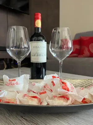 a plate with a bottle of wine and two wine glasses at Oasis Penthouse Luxury Suite in Limassol
