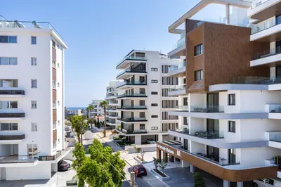 an aerial view of buildings in a city at Densho 2-Bedroom Luxury Apartment in Larnaka