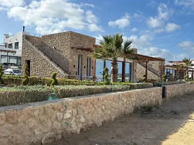 a building with a stone wall and palm trees at Mykonos Homes Villa in Aglantzia