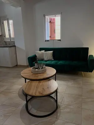 a living room with a green couch and a coffee table at The Mansion By Penelope in Omodos