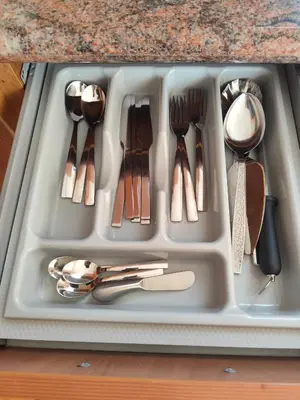a tray of utensils in a kitchen sink at Julia Holiday Apartment in Larnaka