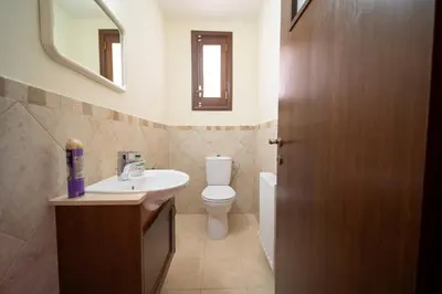 a bathroom with a toilet and a sink and a mirror at Casa Harmonia Traditional Stone House, Escape to Silence Soul and Serenity in Nature with 2 Bedrooms, Fireplace and Mountain Breeze in Mandria