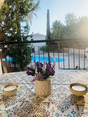 a table with a vase with flowers on it at Tranquil Poolside apartment with stunning views in Mazotos
