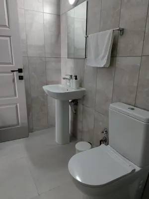 a white bathroom with a toilet and a sink at Bird's Nest, close to EMU, in the city center in Dherinia