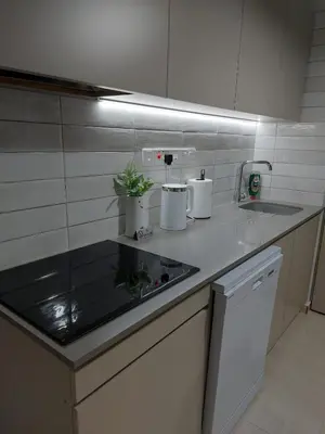 a kitchen with a counter with two plants on it at Bird's Nest, close to EMU, in the city center in Dherinia