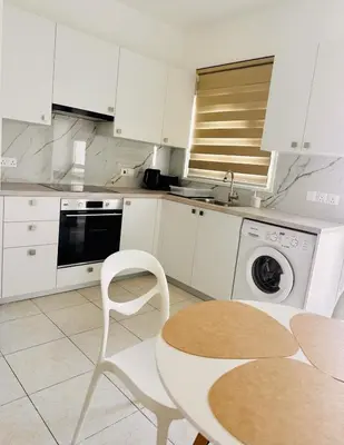 a white kitchen with a table and a washing machine at Charming 2 Bdr Nicosia Apt Free Parking & Wi-Fi in Nicosia