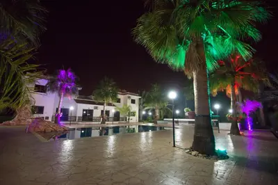 a pool at night with palm trees and lights at Amethyst Napa Annex Apartments in Ayia Napa