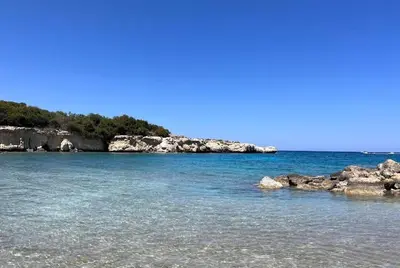 a beach with rocks in the water on a clear day at D&D Apartment in Paralimni