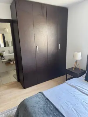 a bedroom with a closet and a bed and a bathroom at Elegant Escape in Nicosia in Nicosia