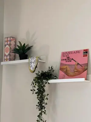 a white shelf with a book and a plant at Olistay in Voroklini