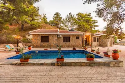 a home with a swimming pool and a house at Villa Penelope Platres in Kato Platres