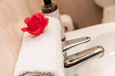 a towel with a red flower on top of a sink at Villa Penelope Platres in Kato Platres