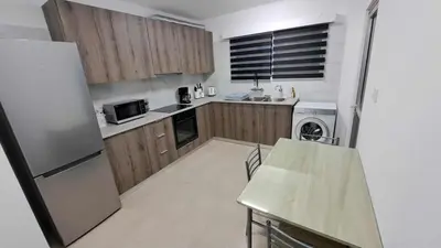 a kitchen with wooden cabinets and a refrigerator at City center beach and supermarket walking distance in Limassol