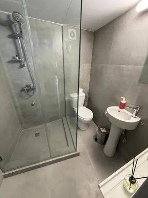 a bathroom with a shower and a toilet and a sink at GREEN Cabin-Larnaca Centrum in Larnaka