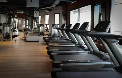 a row of cardio machines in a gym at Modern Smart-Home Studio Pools Gym Terrace View in Paralimni