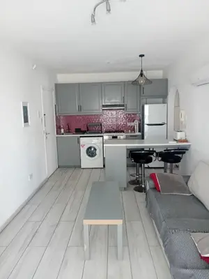 a kitchen and living room with a couch and a table at Smart 2 Bedroom Flat in Larnaka
