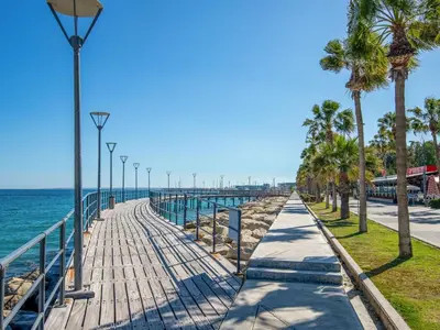a boardwalk next to the ocean with palm trees at Sanders Soul Apartments - Full Building in Limassol