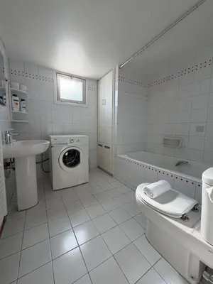 a bathroom with a toilet sink and a washing machine at Ellados in Strovolos