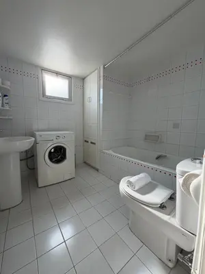 a bathroom with a toilet sink and a washing machine at Ellados in Strovolos