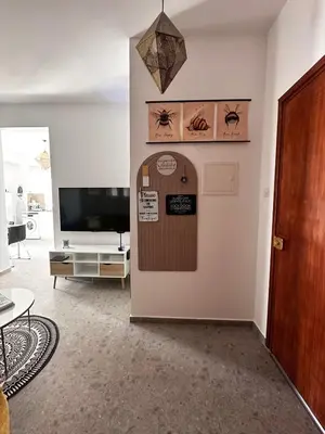 a living room with a wall with a door and a tv at Nicosia city center 1BDR apartment in Nicosia