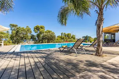 a palm tree and two chairs next to a swimming pool at Marina Heights Villa in Protaras