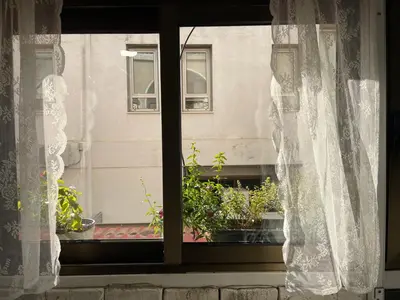 a window with white curtains and plants on a balcony at Archangelos Studio in Strovolos