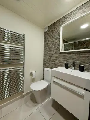 a bathroom with a toilet and a sink and a mirror at To Petrino 4 Studio- Nature, Comfort & Tradition Under One Roof in Kalopanayiotis