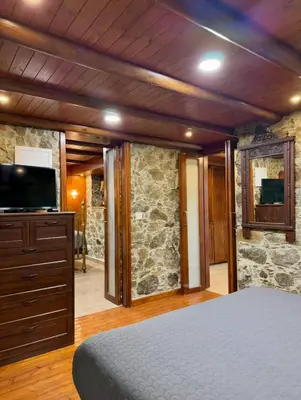 a bedroom with a bed and a tv and a stone wall at To Petrino 5 -Apartment- Nature, Comfort & Tradition Under One Roof in Kalopanayiotis