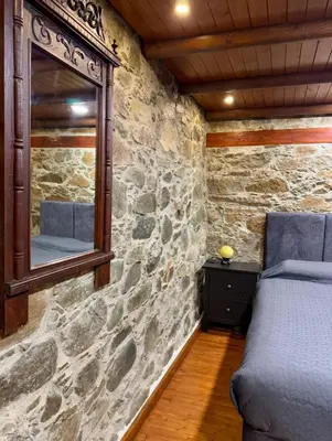 a bedroom with a stone wall and a mirror at To Petrino 5 -Apartment- Nature, Comfort & Tradition Under One Roof in Kalopanayiotis