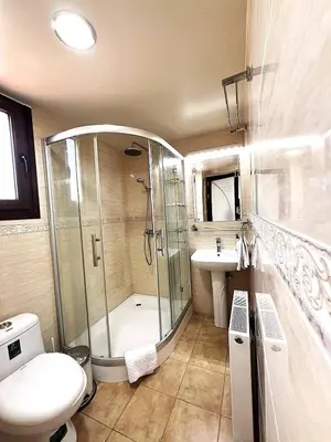 a bathroom with a shower and a toilet and a sink at Kyperounta Heights - Breathtaking View in Kyperounda