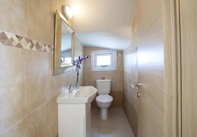 a bathroom with a toilet and a sink and a mirror at Villa Posidonas 3 in Protaras