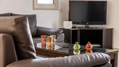 a living room with two leather chairs and a television at EcoHarmony Villa in Paralimni
