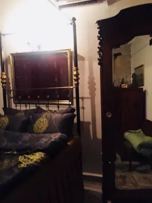 a bedroom with a canopy bed and a mirror at Historic 600 years old beautifully renovated Olive Mill House in Meniko