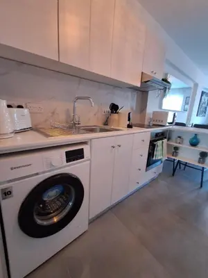 a kitchen with a washing machine and a sink at Lazuli City Center Ap 11 in Larnaka