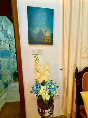 a vase filled with blue and white flowers on a wall at Gazingstars Cottages Agridia