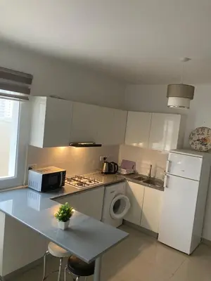 a kitchen with a white refrigerator and a washing machine at Hotel apartment studio in Dherinia