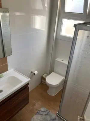 a bathroom with a toilet and a sink and a window at Hotel apartment studio in Dherinia