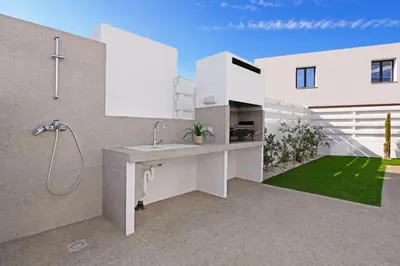 a bathroom with a sink and a shower at Villa Elizabeth - Pernera Resort Center in Paralimni