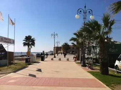 a sidewalk with palm trees and a street light at Panoramic Sea View Apartments in Larnaka