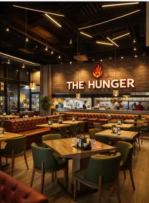 a restaurant with tables and chairs and a sign that reads the hunger at Rıversıdelıfe Iskele M 147 in Aglantzia