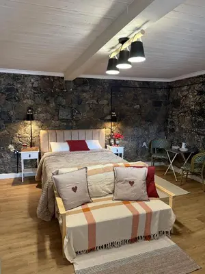 a bedroom with a bed and a stone wall at Aprosmeno Jacuzzi House 6 in Agros