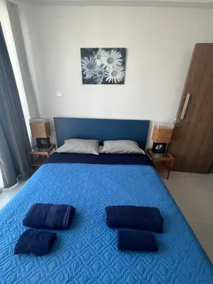 a bedroom with a blue bed with two blue pillows at Unique 2 storey apt city centre in Larnaka
