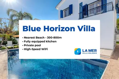 a sign for a blue horizon villa with a swimming pool at Blue Horizon Villa in Protaras