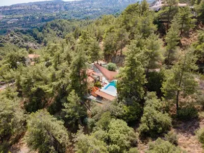 an aerial view of a house with a swimming pool at STAY Hillcrest Panorama Villa in Moniatis