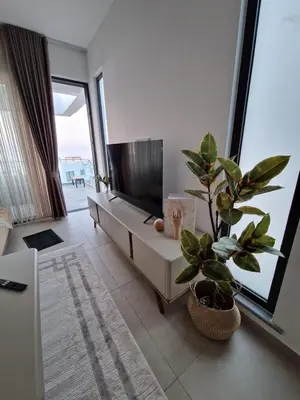 a living room with a television and a potted plant at Kantara Beach Resort Apartment Olivia in Aglantzia