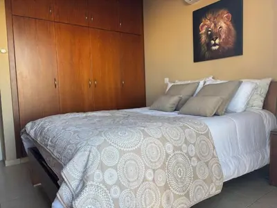 a bedroom with a bed with a lion picture on the wall at Pernera Sunrise Villa in Paralimni